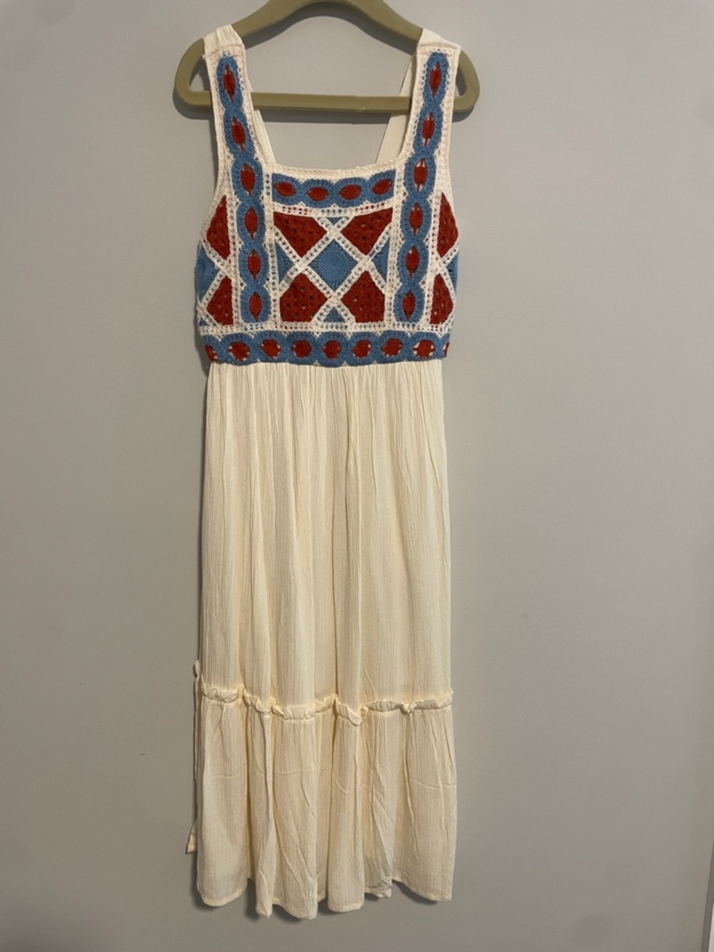 Cream Maxi Dress with Red & Blue Crochet Bodice